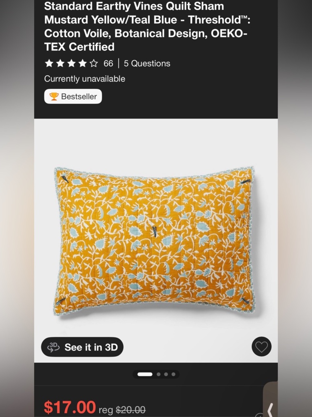 Target Yellow Floral Quilted Pillow Sham with Light Blue Accents (1 Sham)